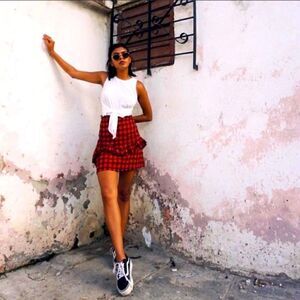 NSF Red and Black Plaid Ruffle Layer Mini Skirt